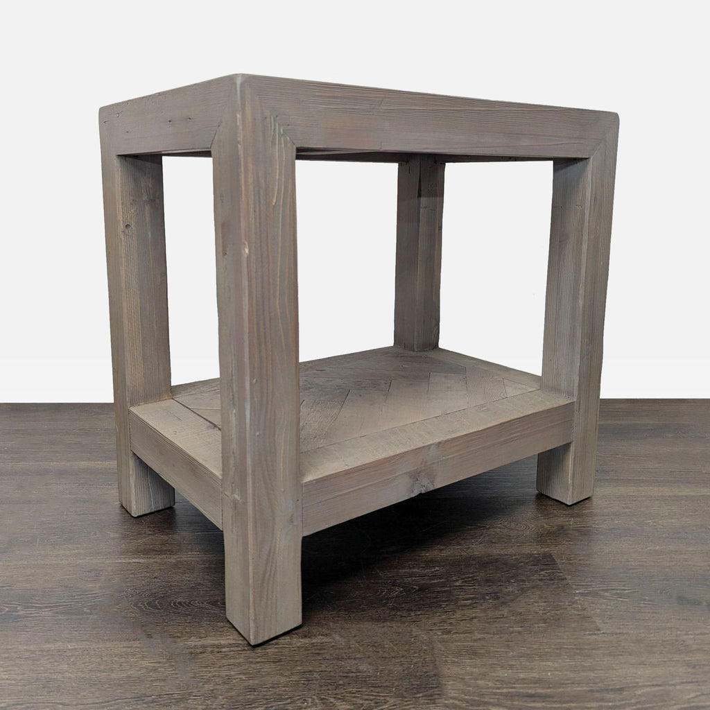 Rustic Wood End Table with Herringbone Top and Shelf
