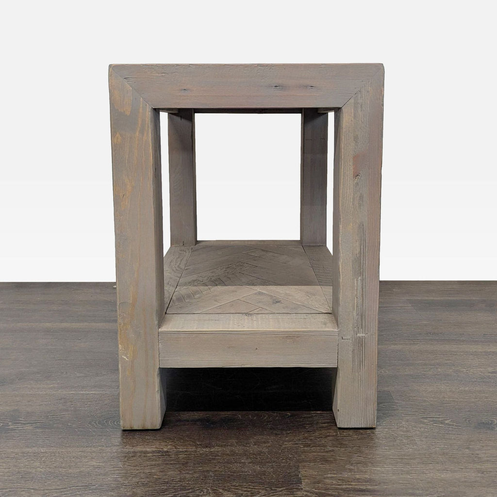 Rustic Wood End Table with Herringbone Top and Shelf