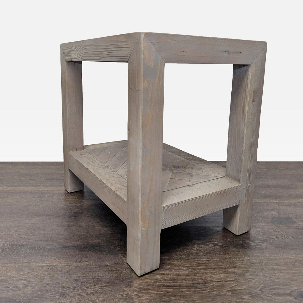 Rustic Wood End Table with Herringbone Top and Shelf
