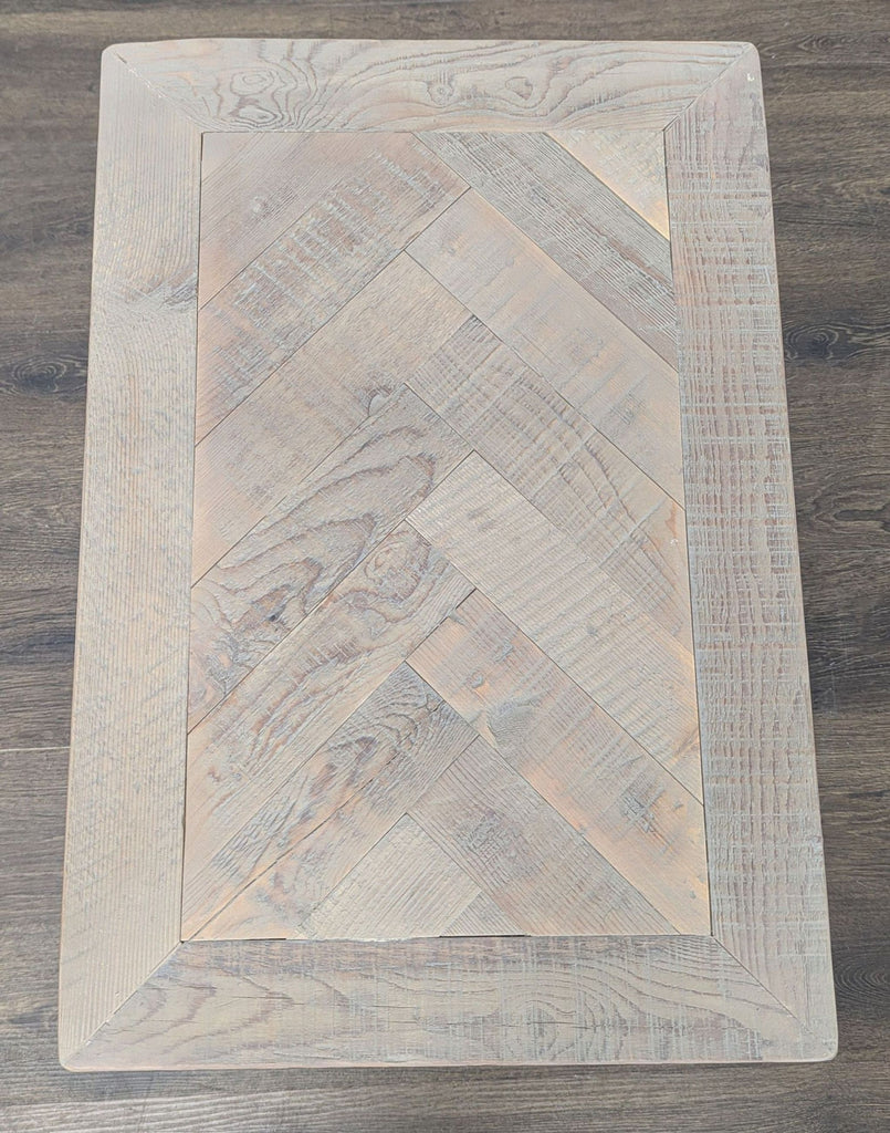 Rustic Wood End Table with Herringbone Top and Shelf