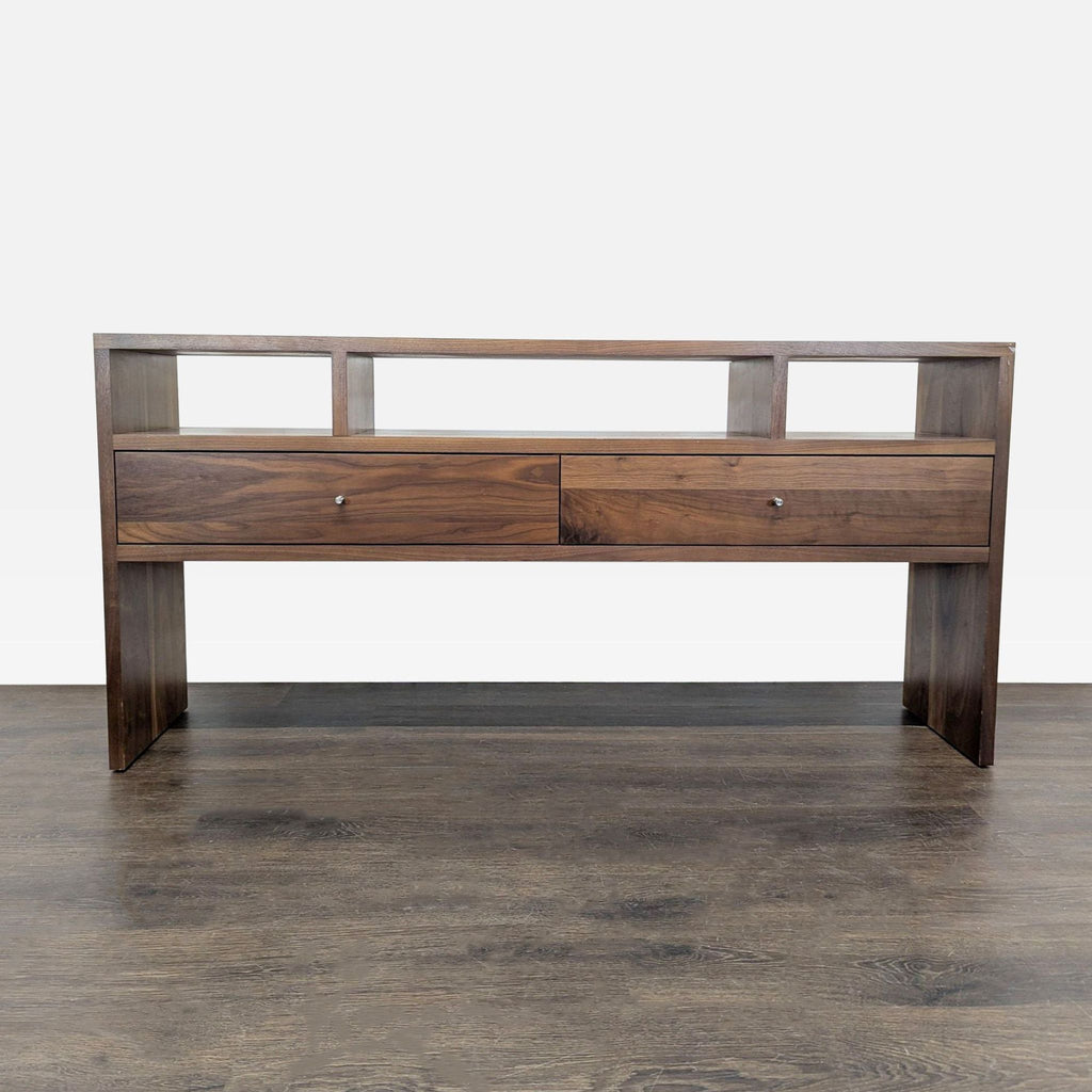 Room & Board console table with natural wood finish, two drawers, and open cubby sections on top.  