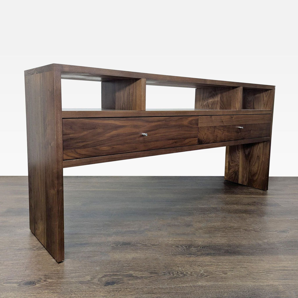 Modern Room & Board console table in natural finish, offering drawers and open cubby storage above.