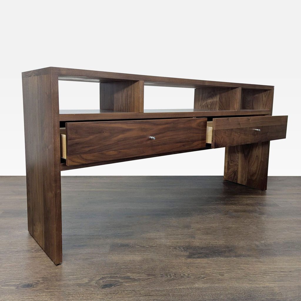 Solid wood side table by Room & Board featuring two storage drawers and upper open compartments.  