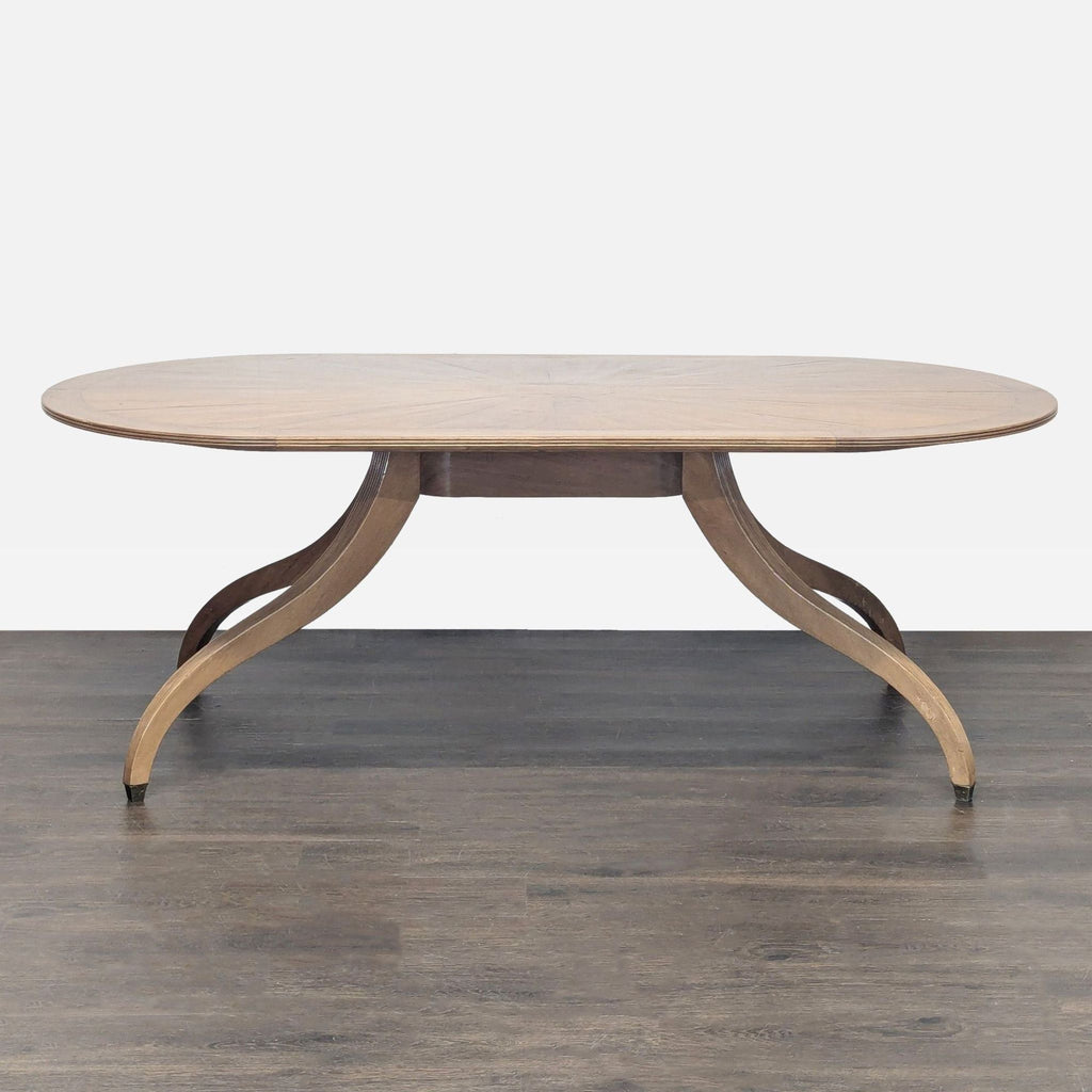 Regency-style Rose Tarlow dining table with double pedestal base and reeded apron.  