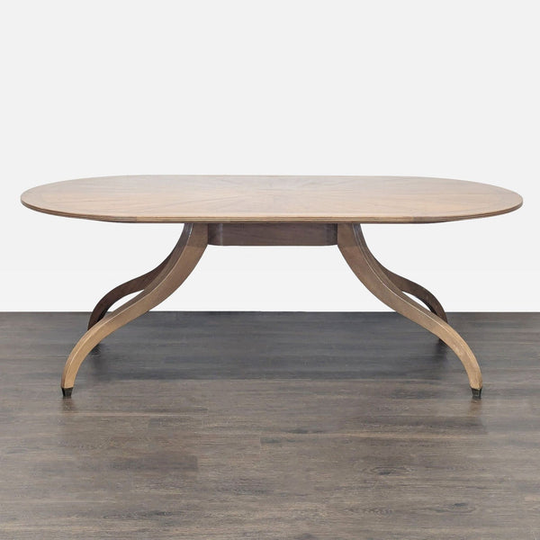 Regency-style Rose Tarlow dining table with double pedestal base and reeded apron.  