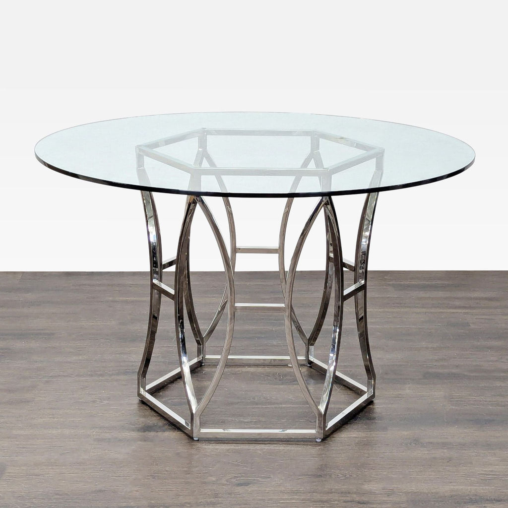 Glass Top Table with Polished Steel Hexagon Base