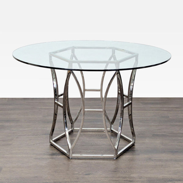 Glass Top Table with Polished Steel Hexagon Base