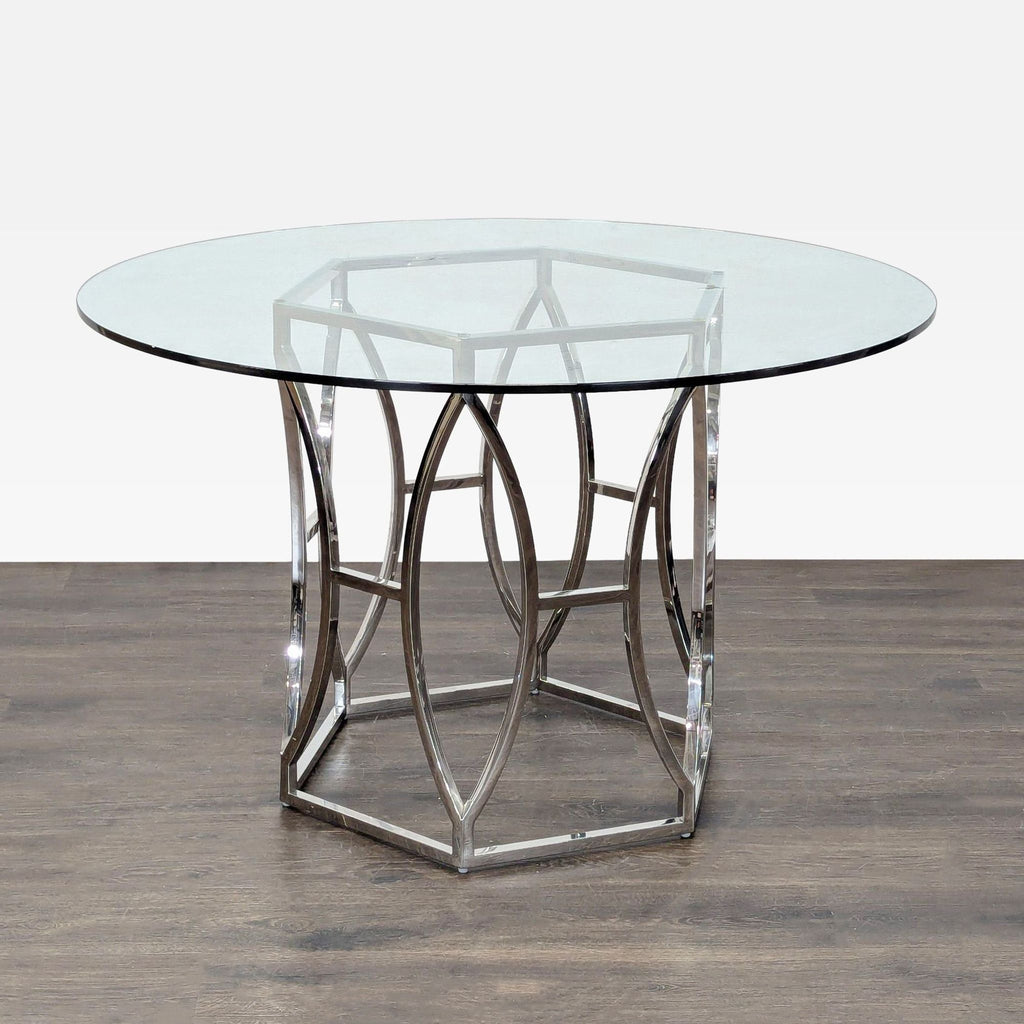 Glass Top Table with Polished Steel Hexagon Base