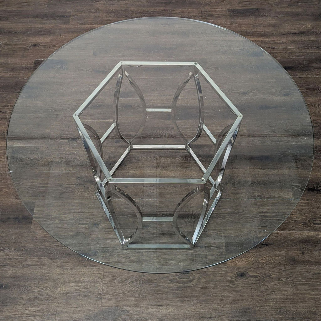 Glass Top Table with Polished Steel Hexagon Base