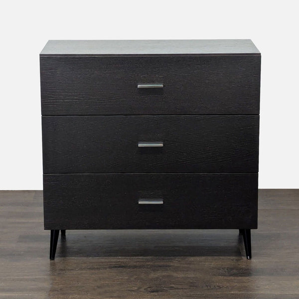 West Elm dresser with dark espresso finish, three drawers, and minimalist metal handles for modern bedrooms.