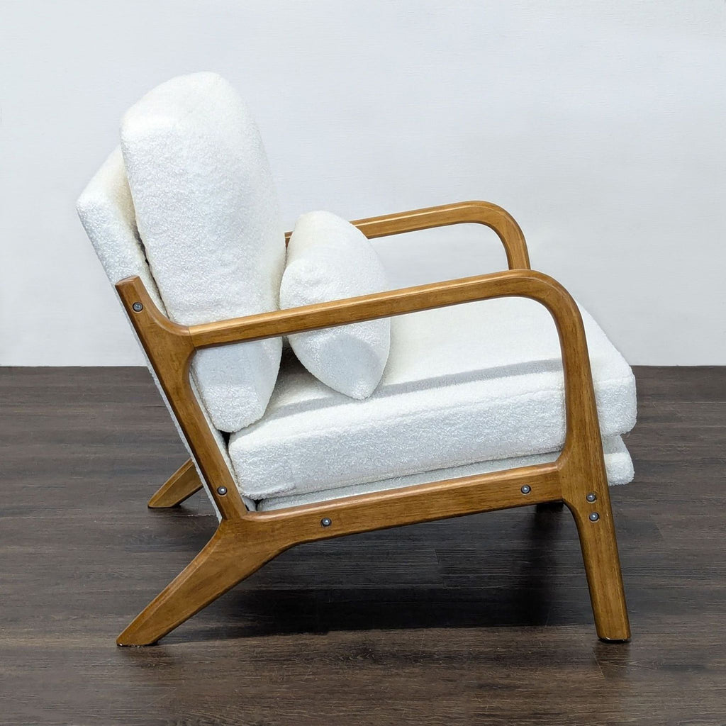 Modern Lounge Chair with Wooden Frame and White Boucle Cushions