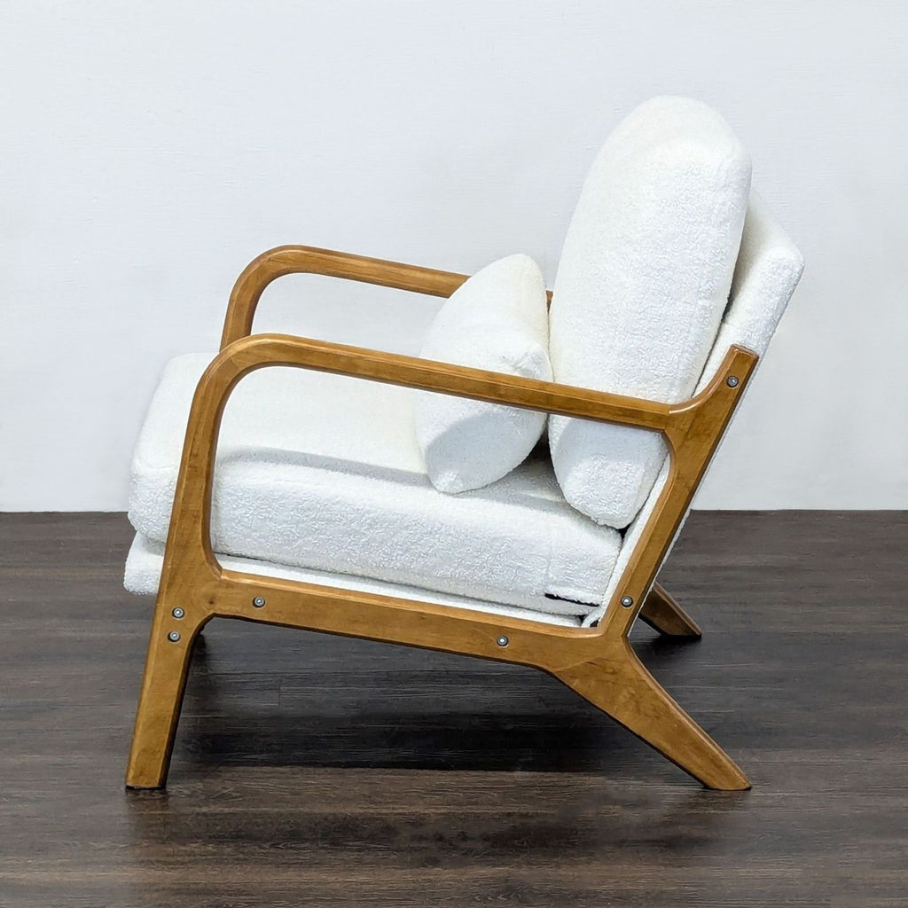 Modern Lounge Chair with Wooden Frame and White Boucle Cushions