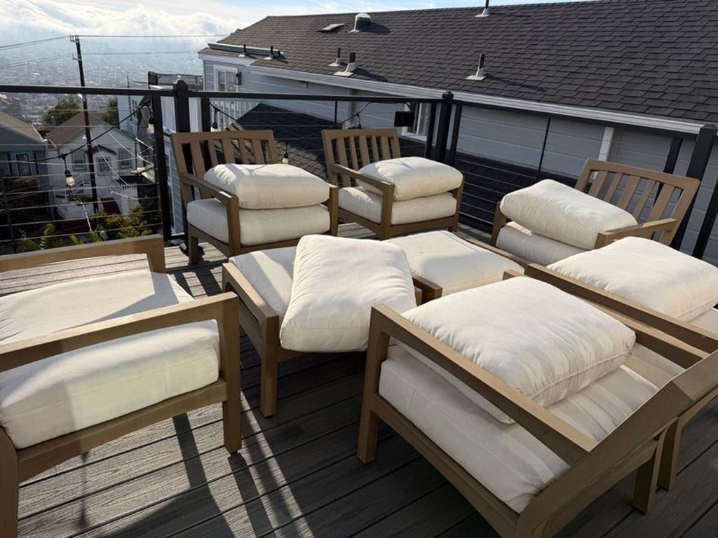 Set of 6 Westelm outdoor chairs with 2 matching side tables arranged on a patio, category: Chairs.