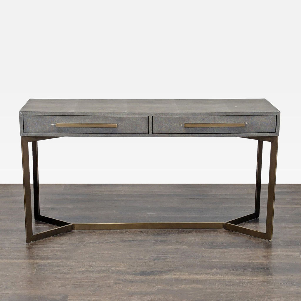 Two-drawer console table with faux shagreen finish, bronze iron base, and modern pulls by Crate and Barrel.  