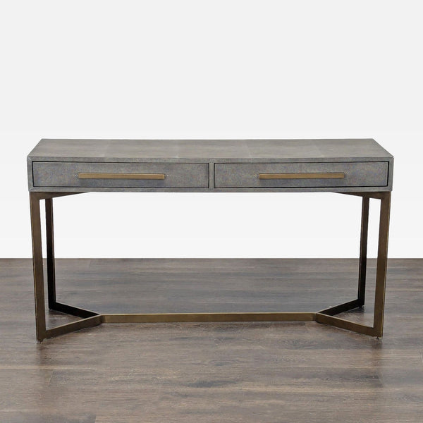 Two-drawer console table with faux shagreen finish, bronze iron base, and modern pulls by Crate and Barrel.  