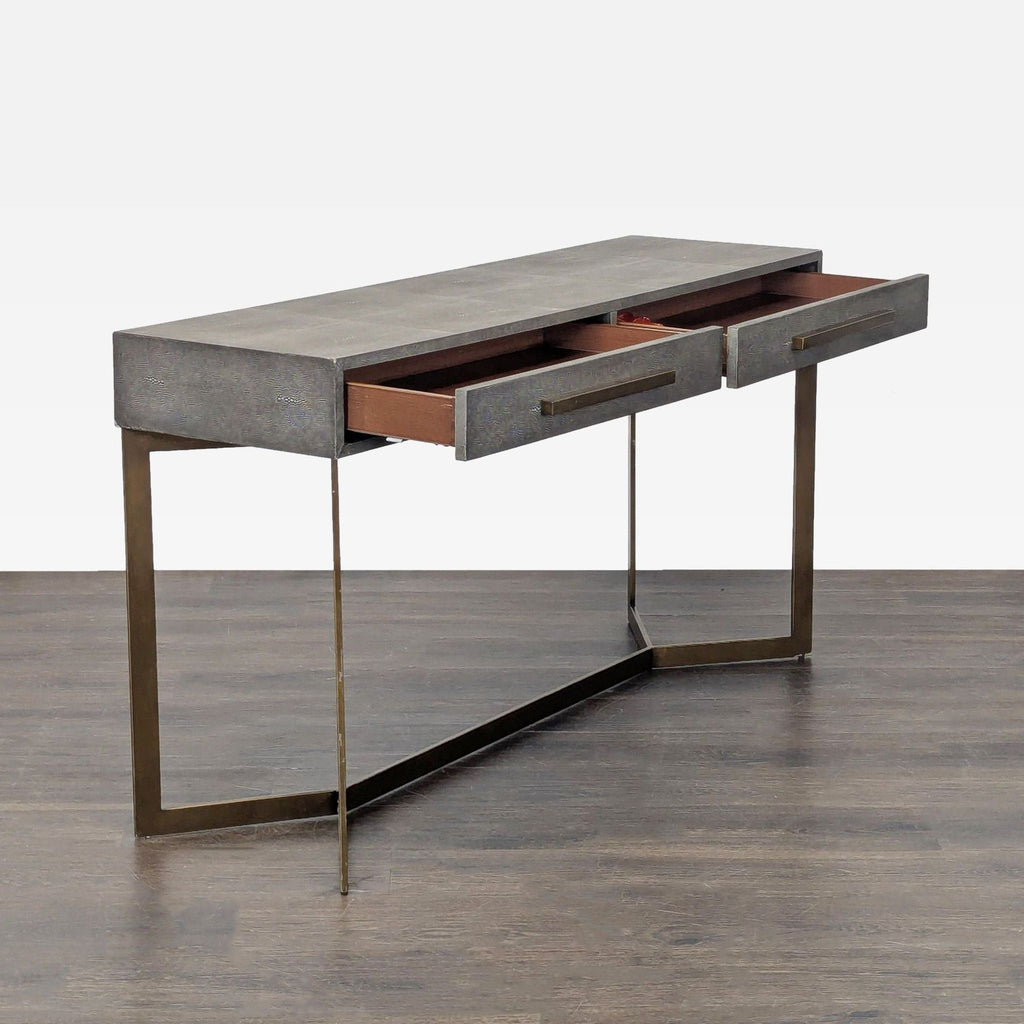 Side table features bonded leather resembling stingray, bronze trestle base, and engineered wood construction.  
