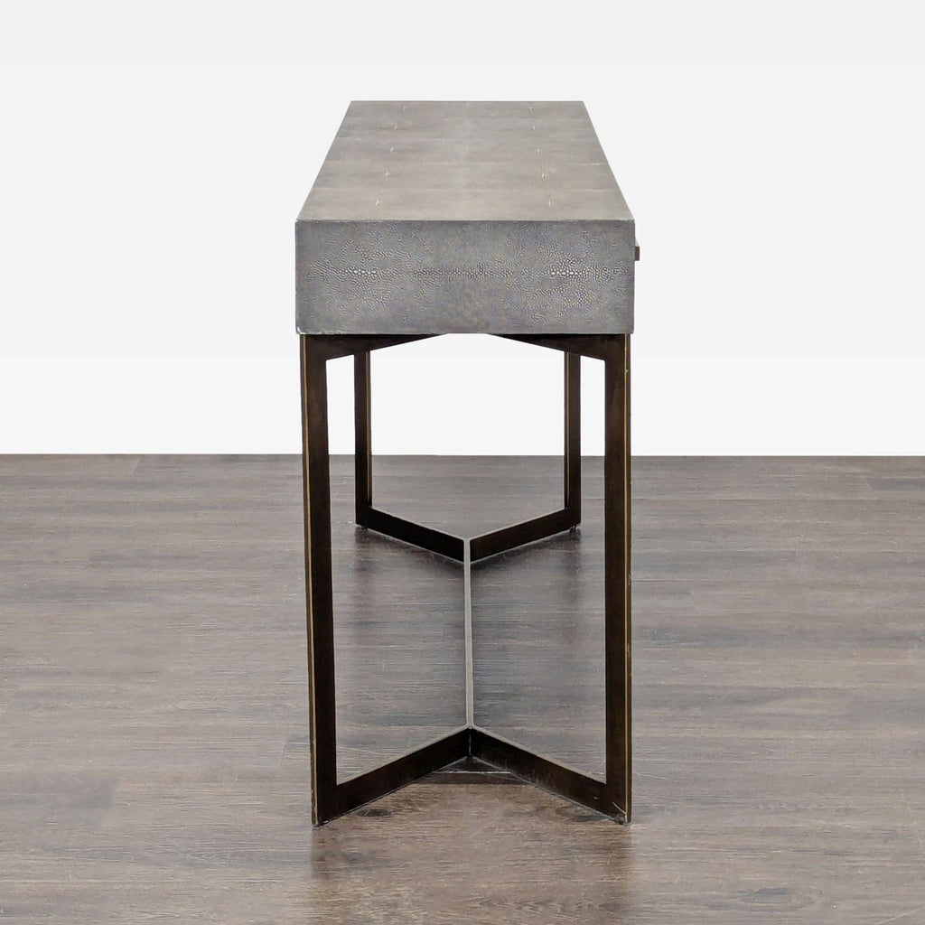 Modern side table with embossed faux shagreen, engineered wood frame, and bronze-finished iron accents.