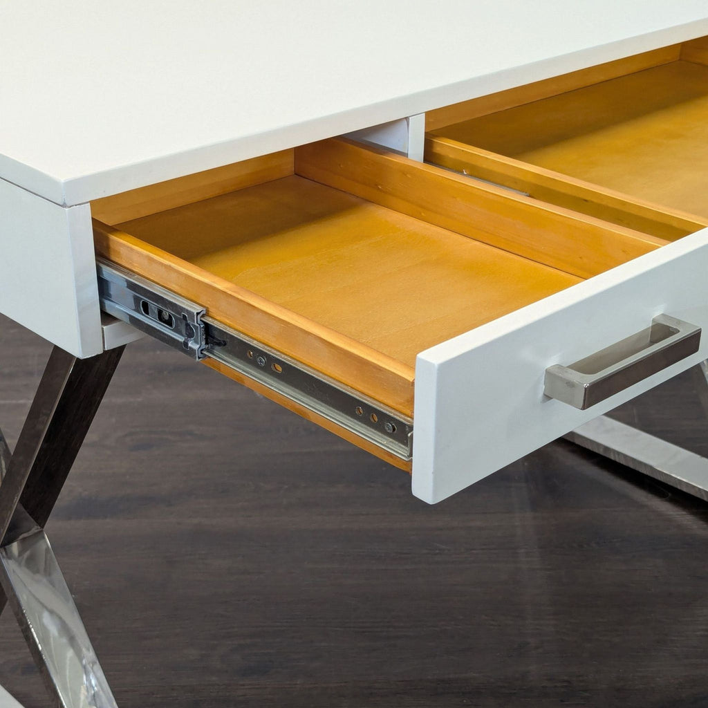 Pottery Barn Ava Modern White Desk with Chrome Legs and Three Drawers