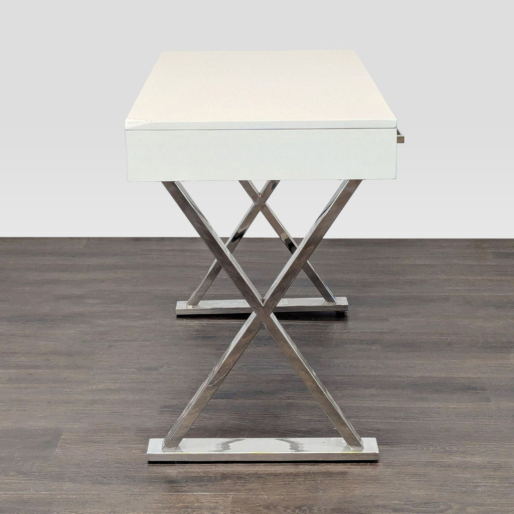 Pottery Barn Ava Modern White Desk with Chrome Legs and Three Drawers