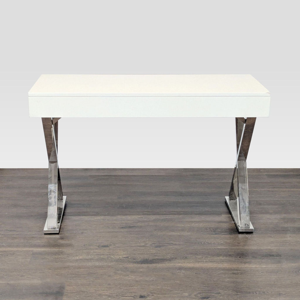 Pottery Barn Ava Modern White Desk with Chrome Legs and Three Drawers