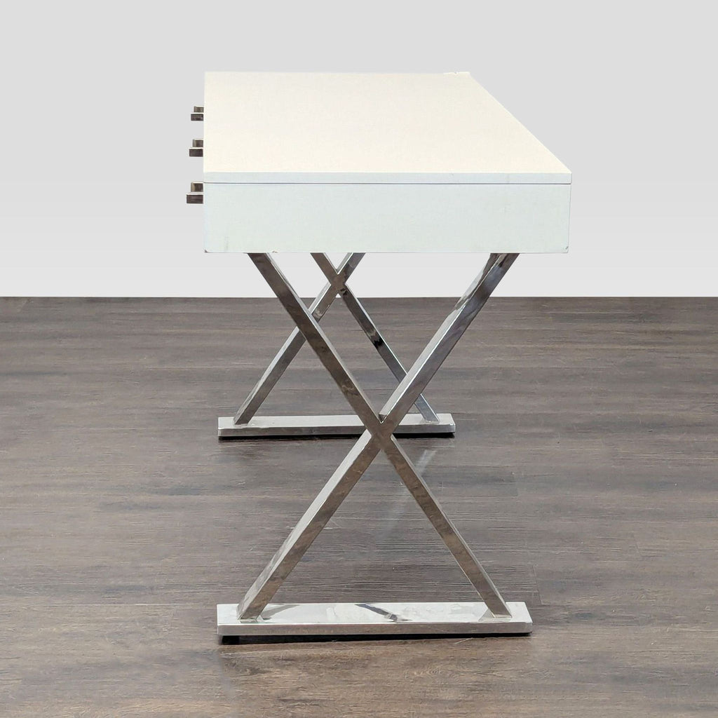 Pottery Barn Ava Modern White Desk with Chrome Legs and Three Drawers