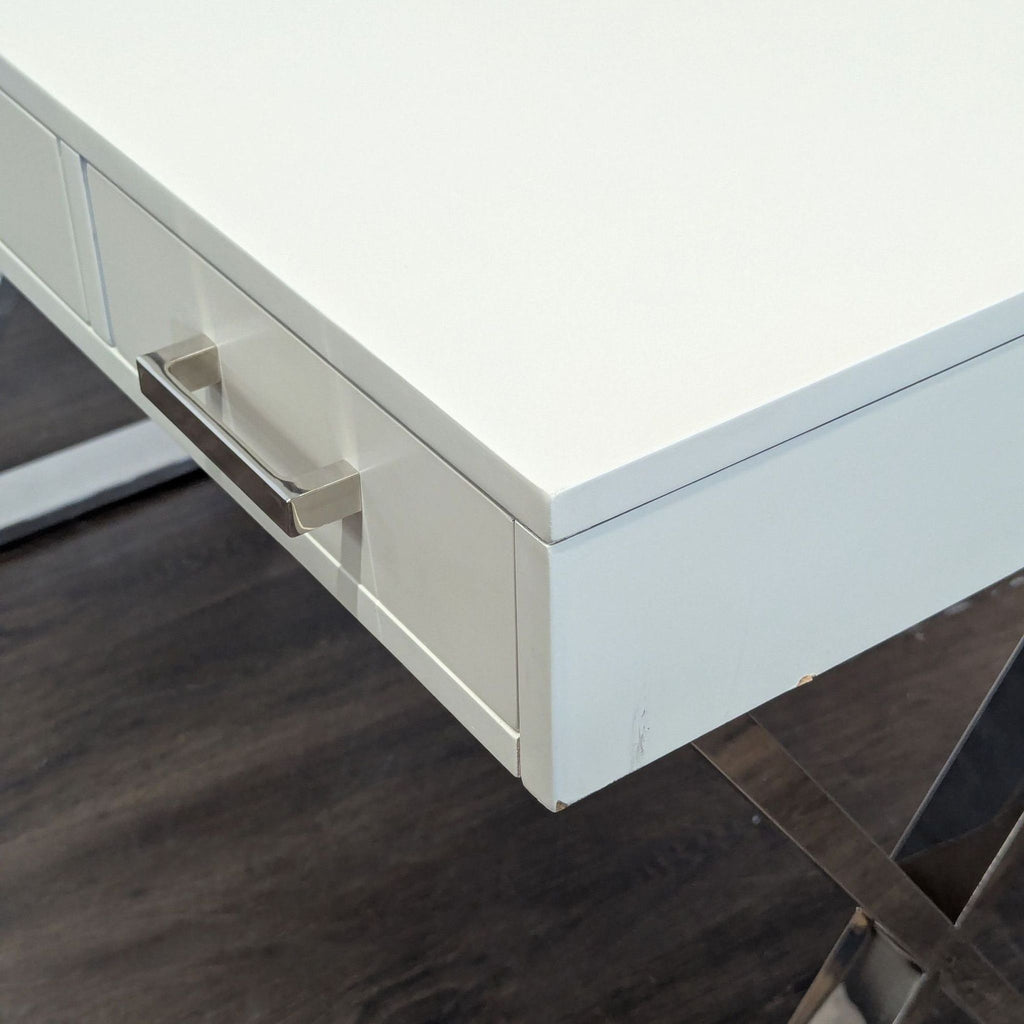 Pottery Barn Ava Modern White Desk with Chrome Legs and Three Drawers