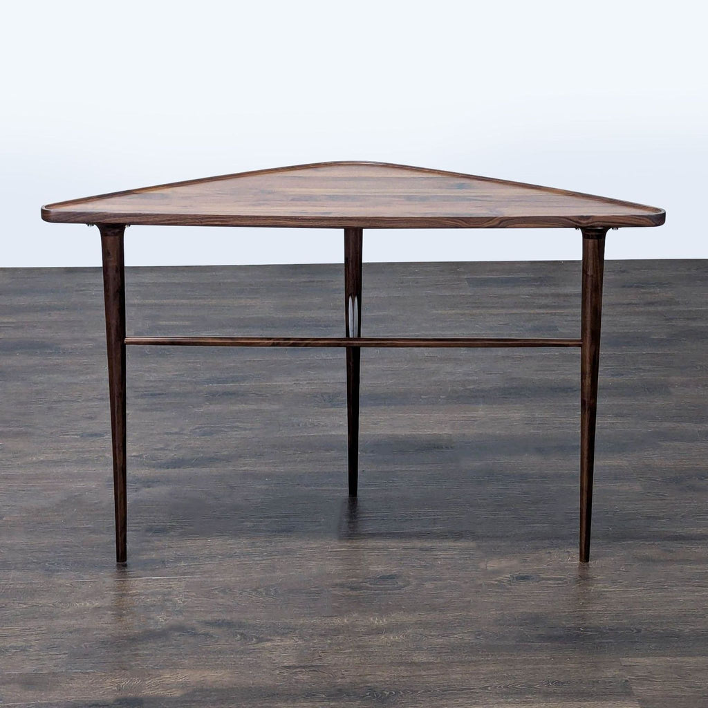 Mid-century style walnut console table featuring a flat back, smooth corners, and elegant slim legs.