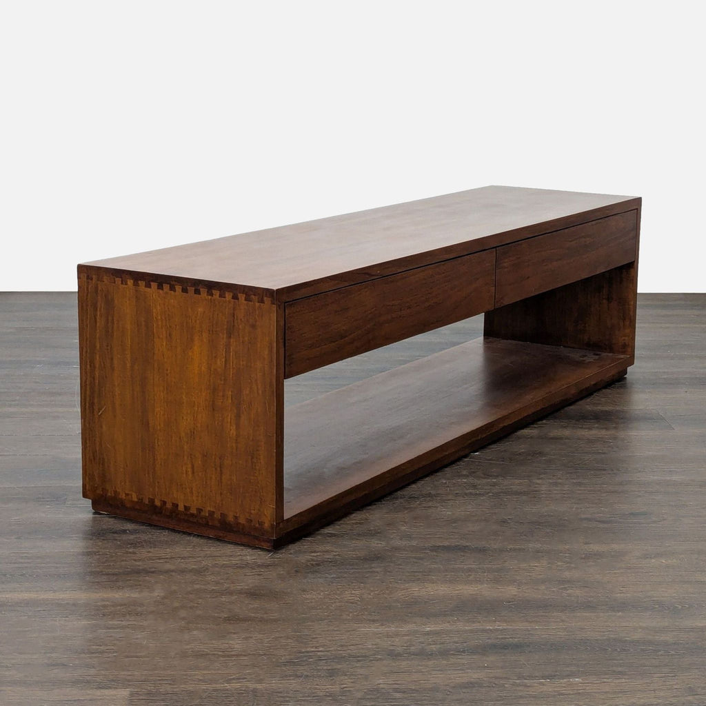 2. Modern wood bench by Crate & Barrel featuring clean lines, dual drawers and a lower storage shelf.