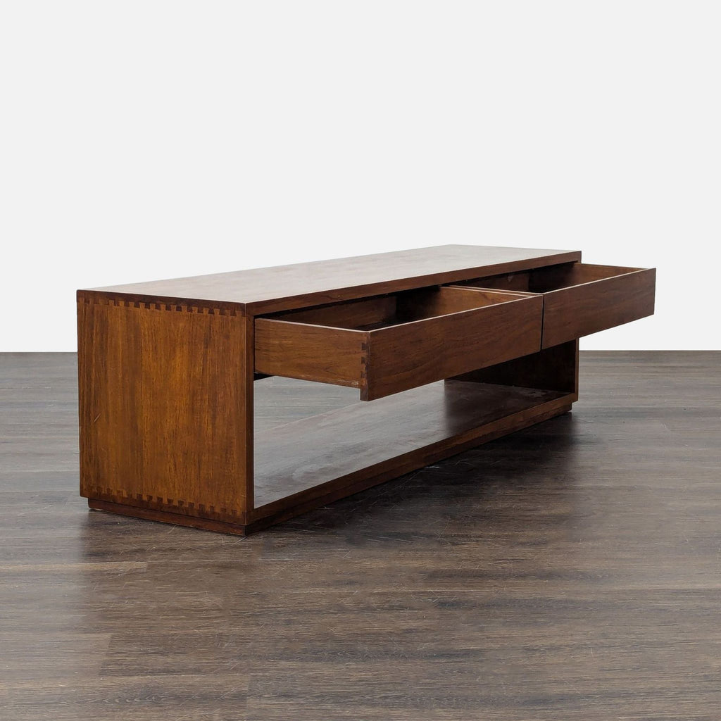 1. Rectangular Crate & Barrel wooden bench with open shelf and two drawers, shown on dark wood floor.
