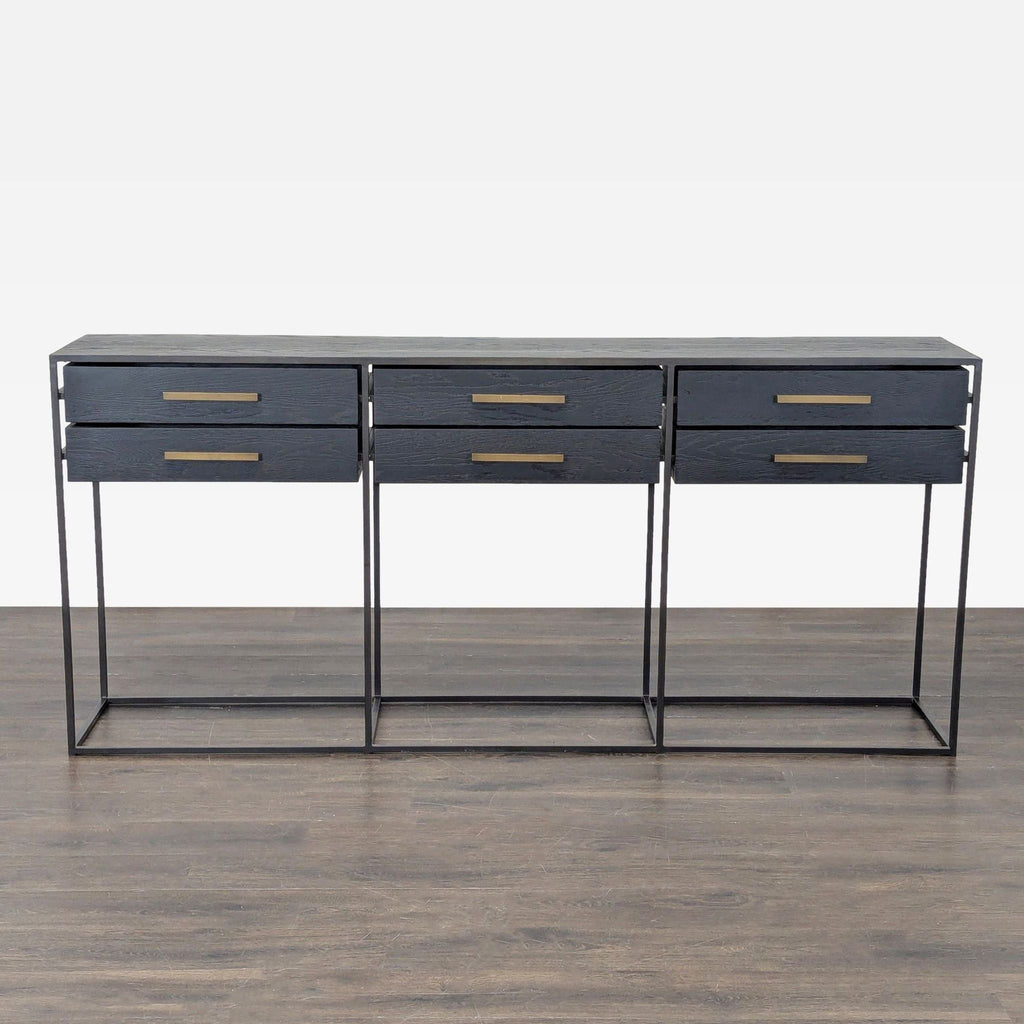 Minimalist six-drawer console table by West Elm with metal hardware and frame, ideal as a side table.