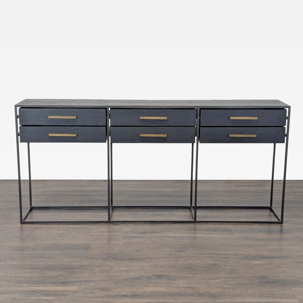 Minimalist six-drawer console table by West Elm with metal hardware and frame, ideal as a side table.