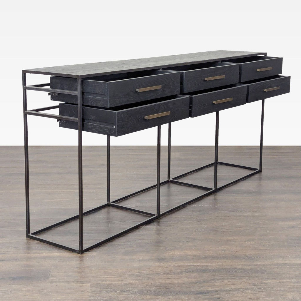 West Elm side and console table featuring six drawers, minimalist design, and sturdy metal accents.