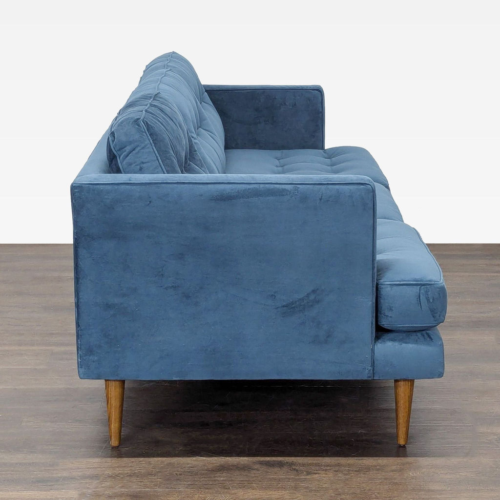 Modern Blue 3-Seat Sofa with Tufted Cushions and Wooden Legs