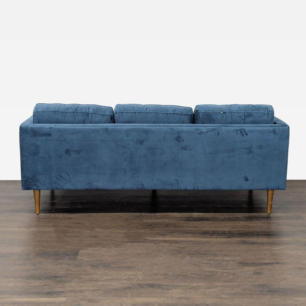 Modern Blue 3-Seat Sofa with Tufted Cushions and Wooden Legs