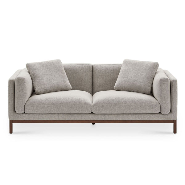 Castlery loveseat with opal beige fabric, plush cushions, and sleek wooden base in a modern style.
