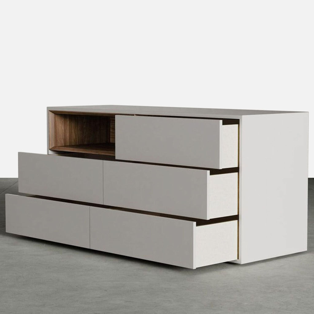 Sleek Modloft bedroom dresser featuring six drawers, open wood shelf, and a chic white matte design.