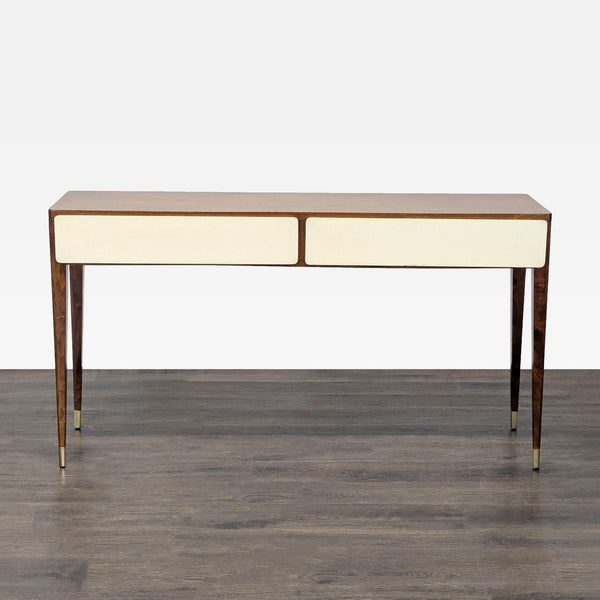 Mid-century console table with two white-front drawers, warm wood finish, and brass-accented tapered legs.