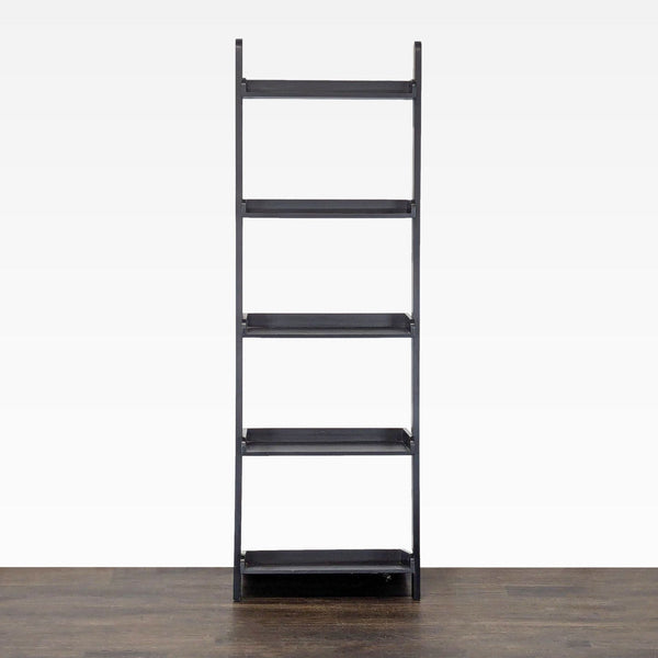 Sleek black ladder bookshelf with five shelves, ideal for books, plants, or decor in modern spaces.