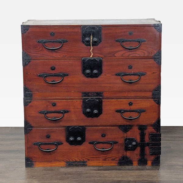 Japanese Nihonmatsu/Tansu style dresser with natural wood finish and black iron hardware, featuring multiple drawers.
