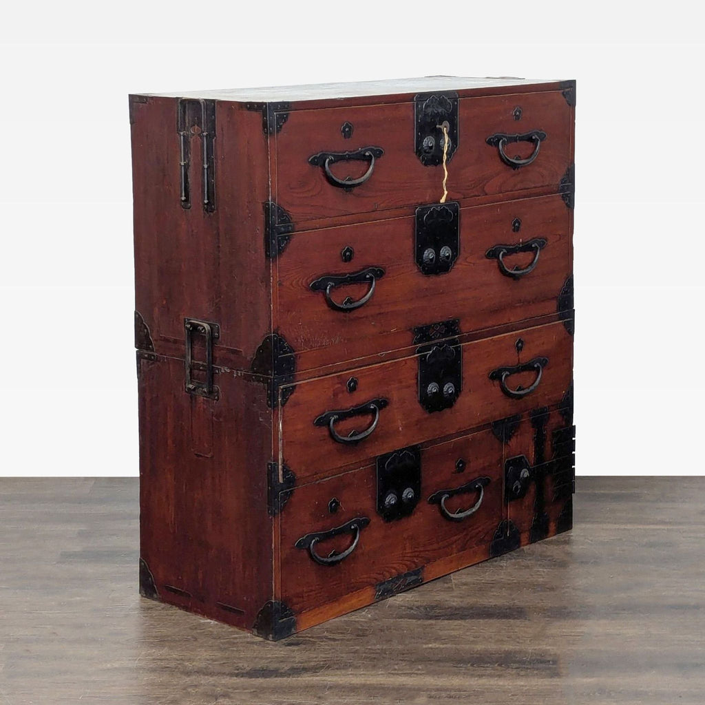 Vintage-inspired wooden dresser with spacious drawers and bold black iron accents, perfect for traditional decor.