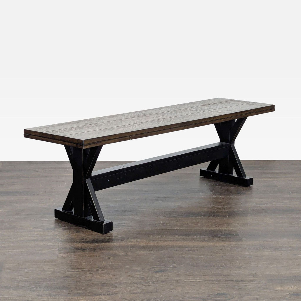Farmhouse style two-tone bench with planked seat and X trestle base, by Wayfair.