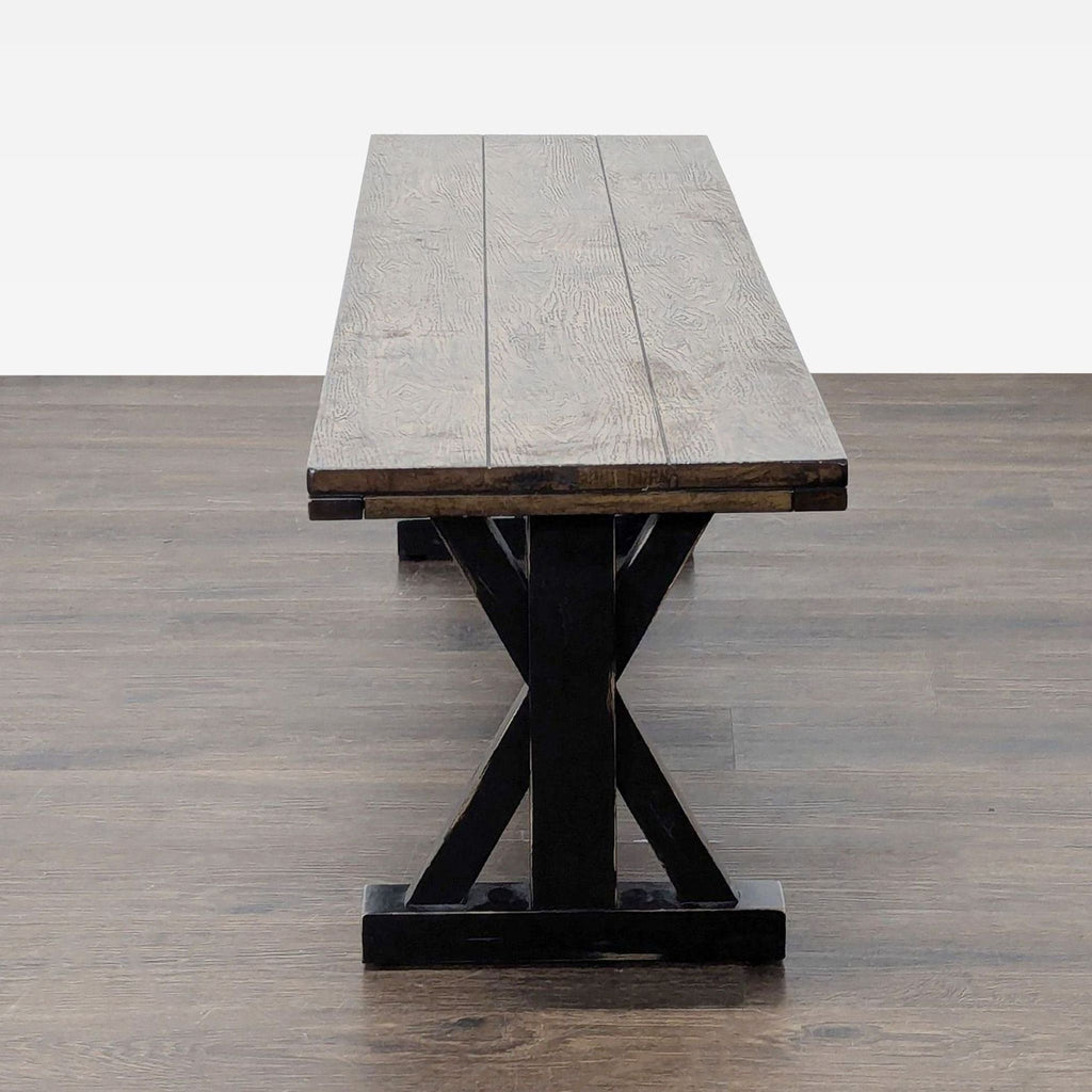 Two-tone wood bench in farmhouse design with sturdy X trestle base; category: benches by Wayfair.