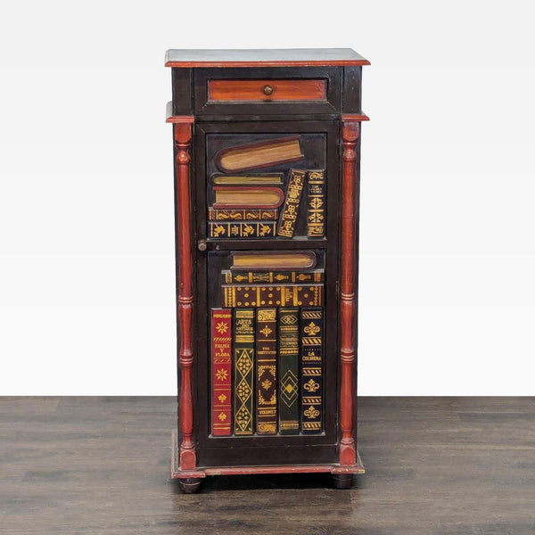One-drawer cabinet with a door styled like stacked books and interior shelves.