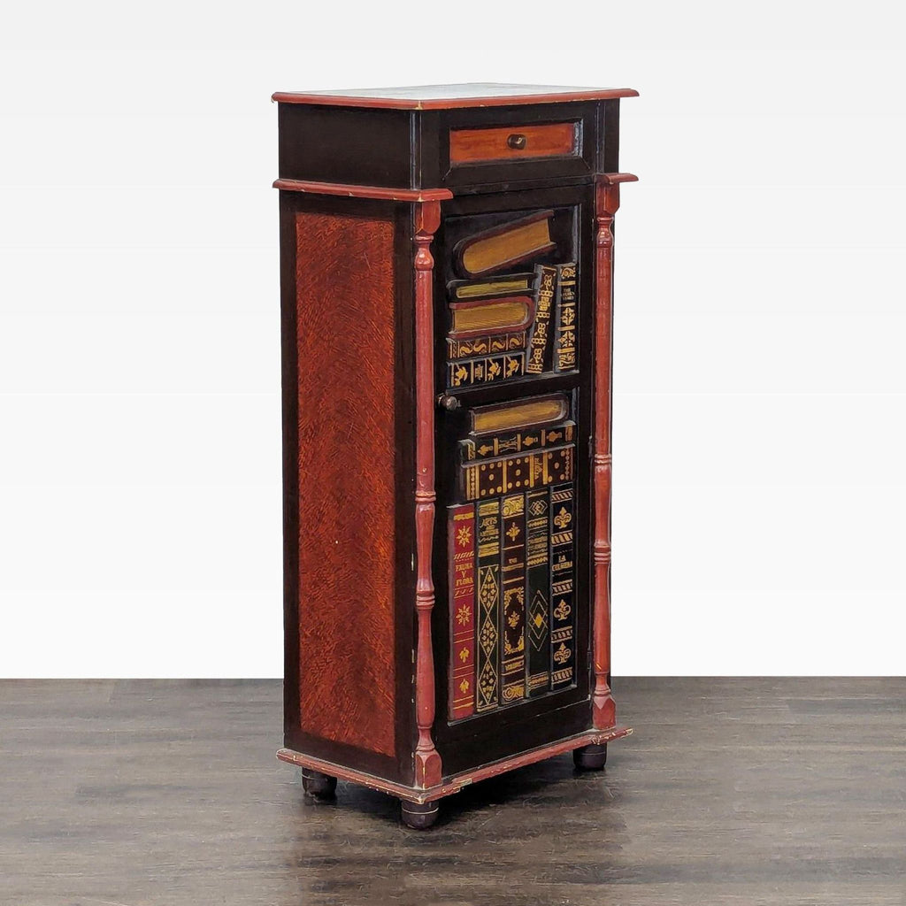 Cabinet with a drawer and book-themed door concealing shelves inside.