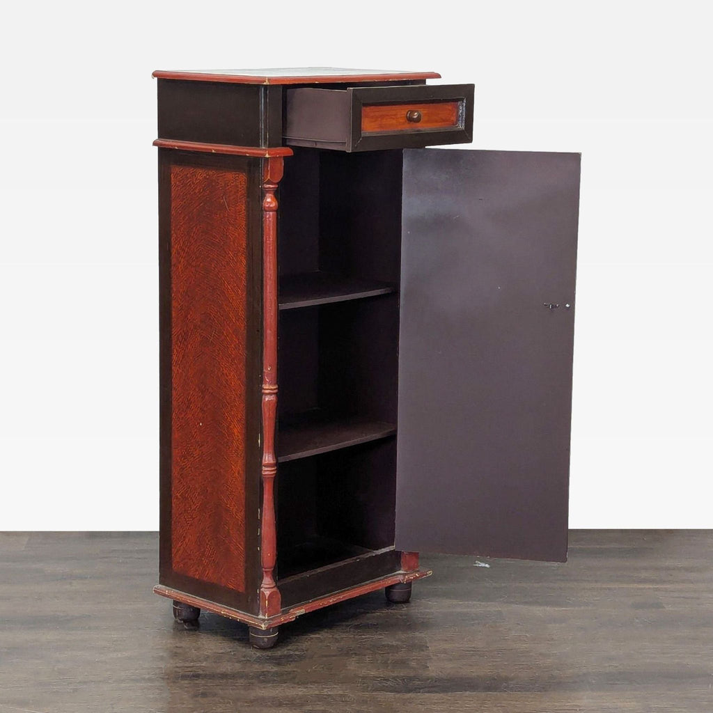 Cabinet featuring a faux book cover door, single drawer, and inner shelving.