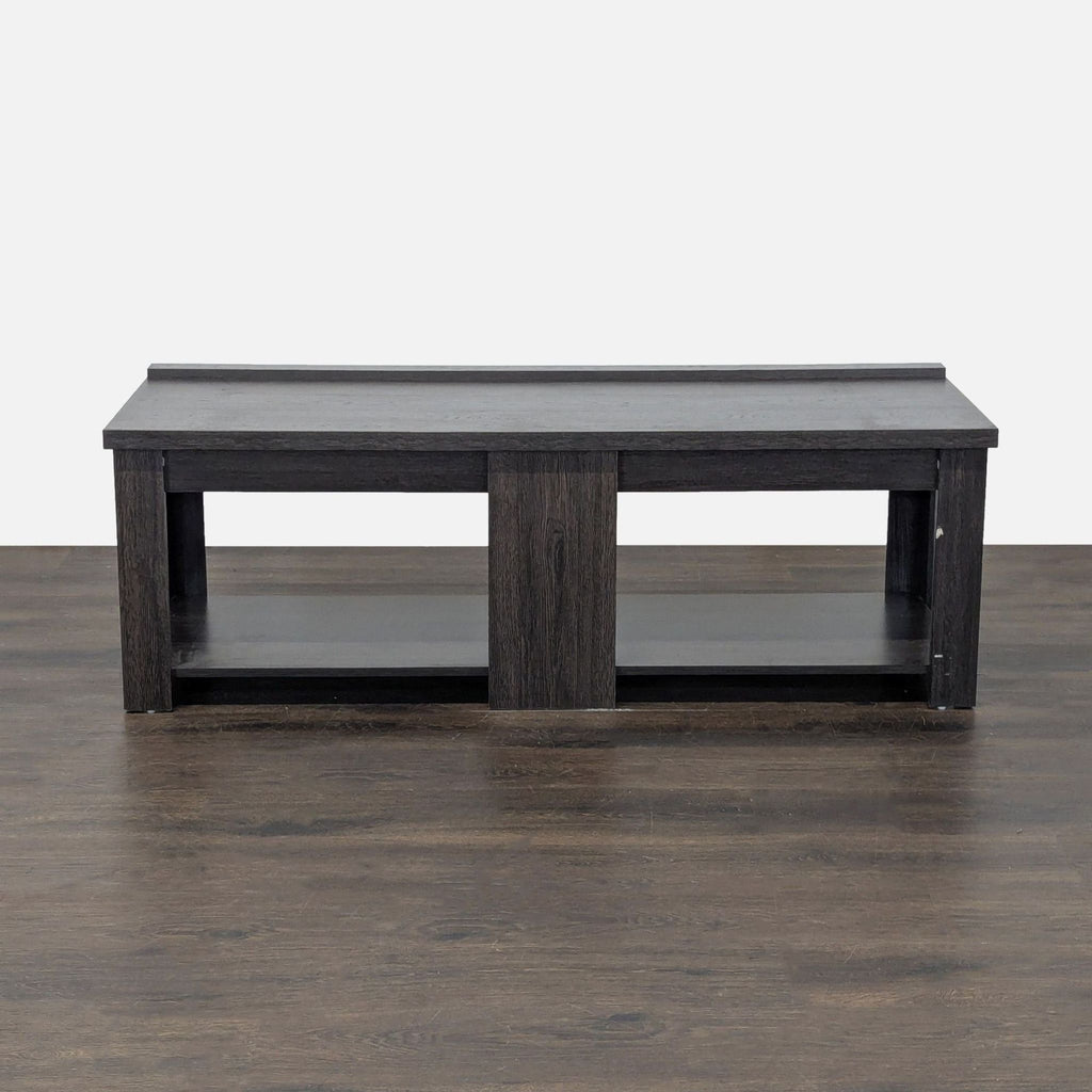 Transitional farmhouse entertainment center featuring square legs and a spacious lower shelf for media.  