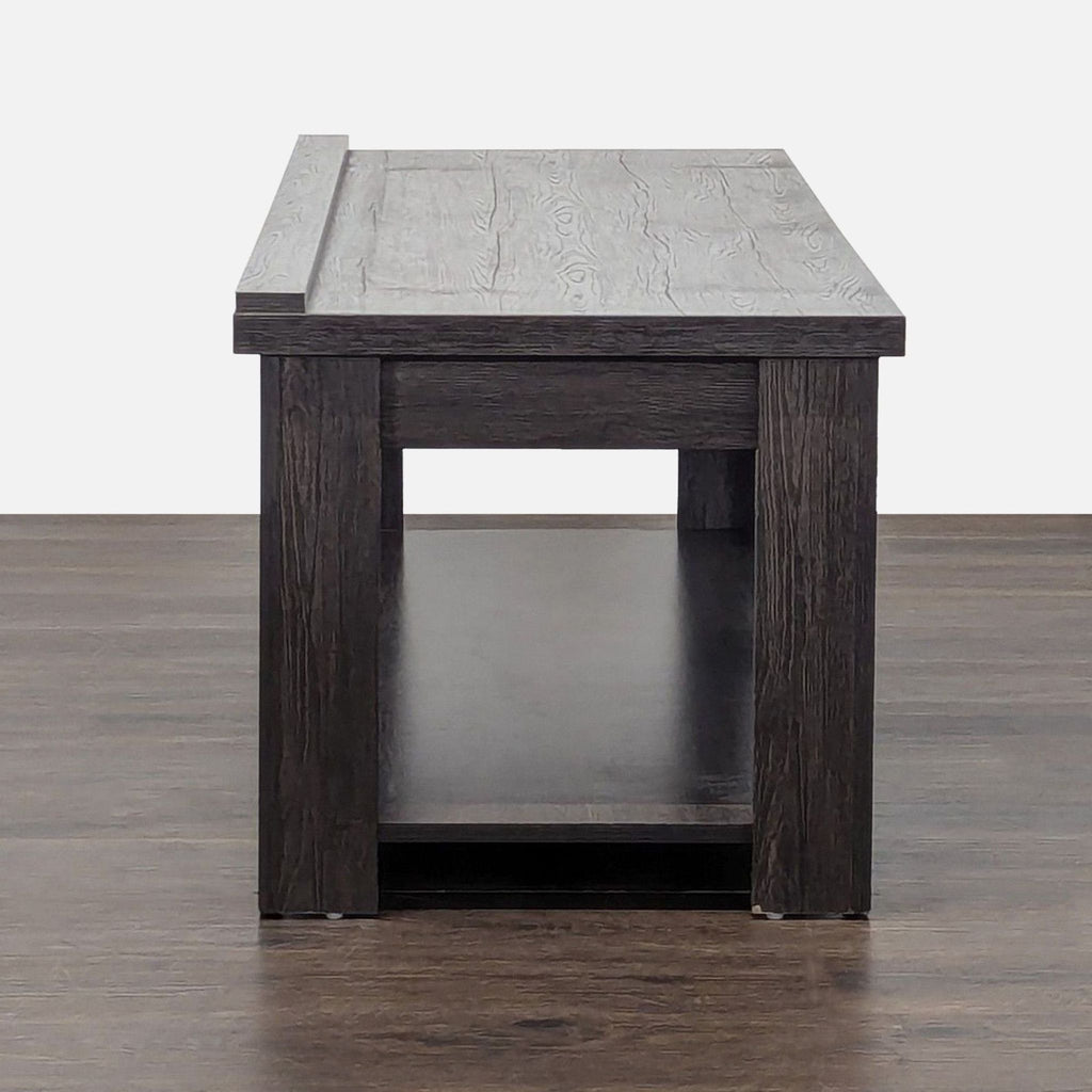 Home Meridian media center in transitional farmhouse style with open lower shelf and sturdy square legs.