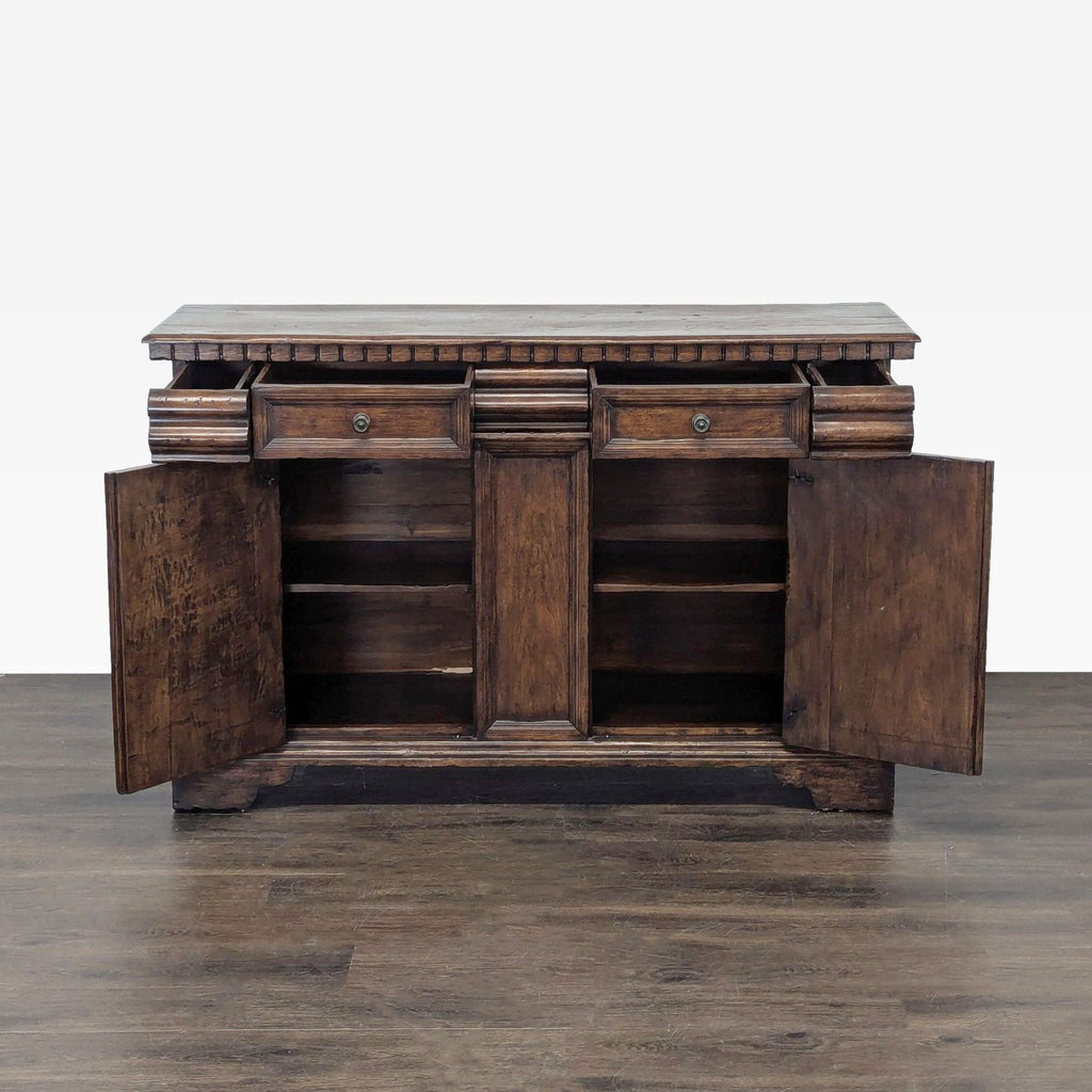Painted vintage-style sideboard with paneled drawers, doors, fixed shelf, and dentil molding accents.  