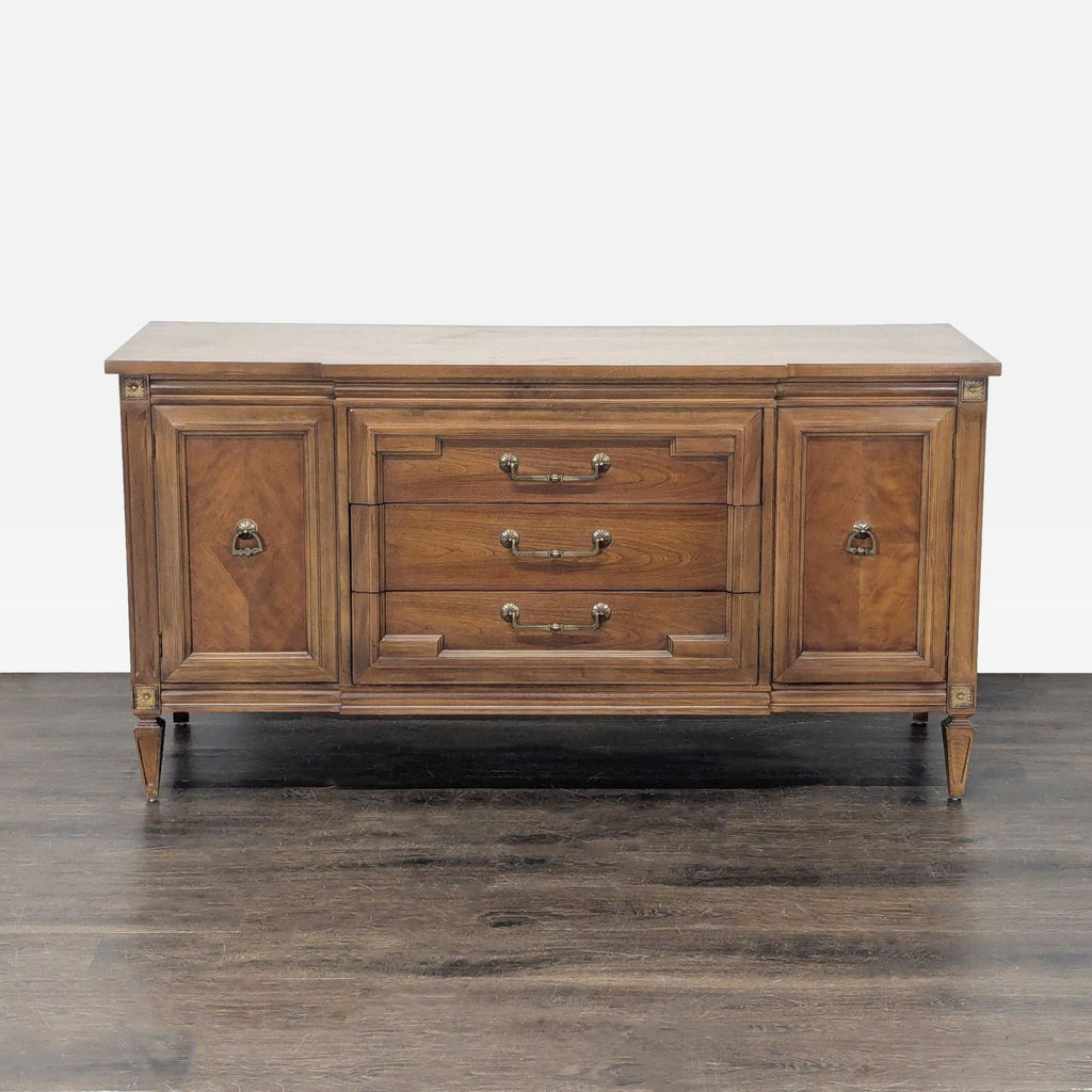Thomasville Italian Mediterranean sideboard with three center drawers and two side cabinets, 1960s style.