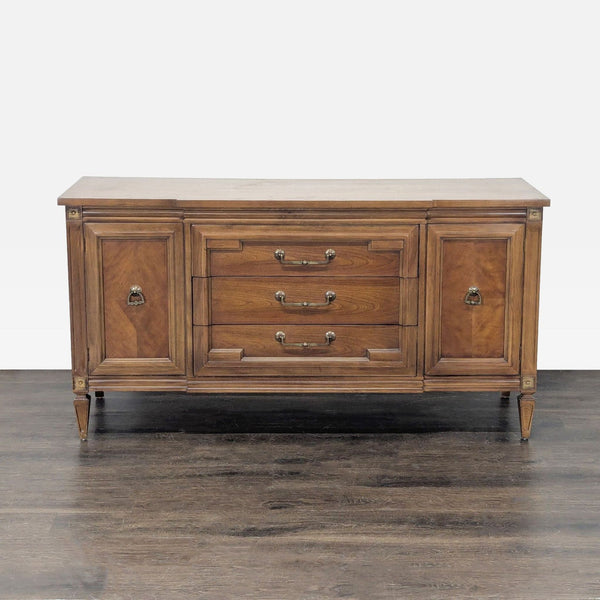Thomasville Italian Mediterranean sideboard with three center drawers and two side cabinets, 1960s style.